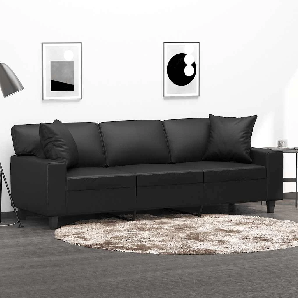 vidaXL 3-Seater Sofa with Pillows&Cushions Black 180 cm Faux Leather