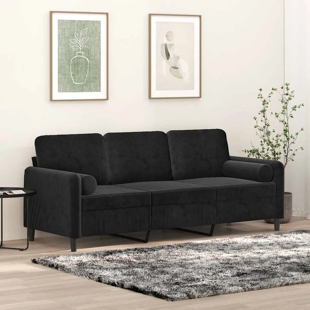 vidaXL 3-Seater Sofa with Throw Pillows Black 180 cm Velvet