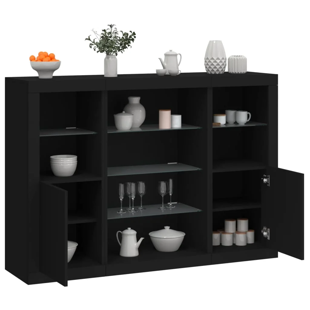 vidaXL Sideboards with LED Lights 3 pcs Black Engineered Wood – 142.5 x 37 x 100 cm