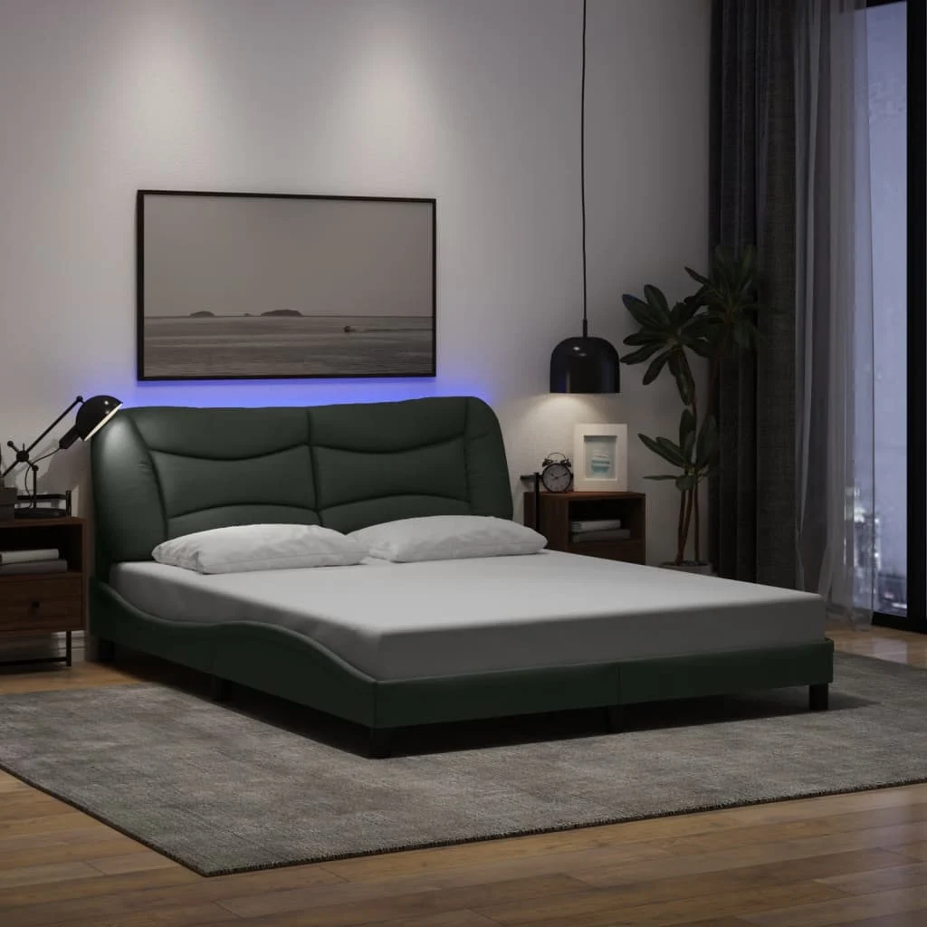 vidaXL Bed Frame with LED without Mattress "Hvar" Dark Grey 152x203 cm Queen Fabric