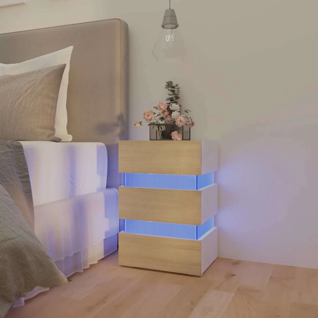 vidaXL LED Bedside Cabinet White and Sonoma Oak 45x35x67 cm