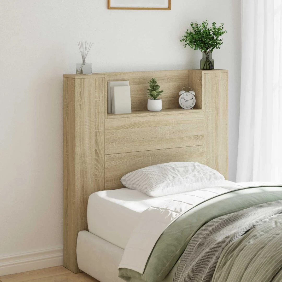 vidaXL Storage Headboard with LED Sonoma Oak Engineered Wood – 100 x 16.5 x 103.5 cm