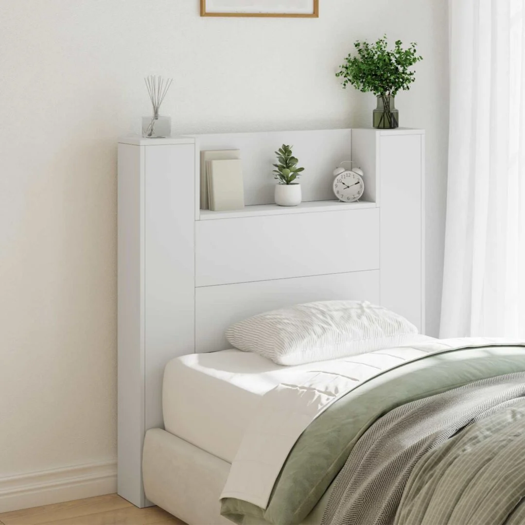 vidaXL Storage Headboard with LED White Engineered Wood – 100 x 16.5 x 103.5 cm