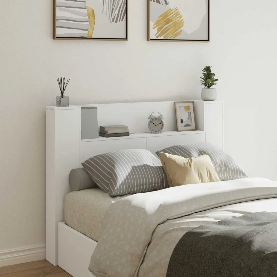 vidaXL Storage Headboard with LED White Engineered Wood – 140 x 16.5 x 103.5 cm