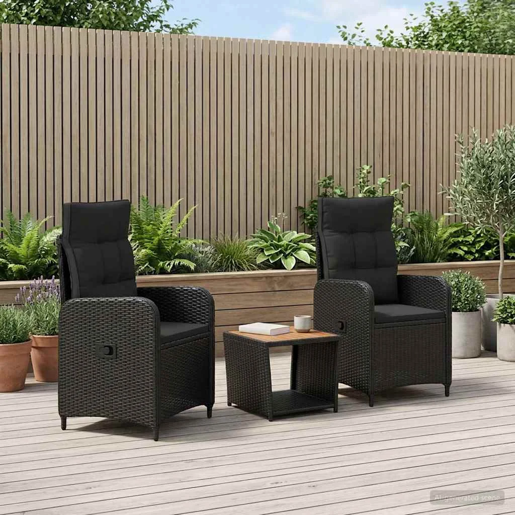 vidaXL Garden Lounge Set 3 pcs Black PE Rattan and Powder-Coated Steel