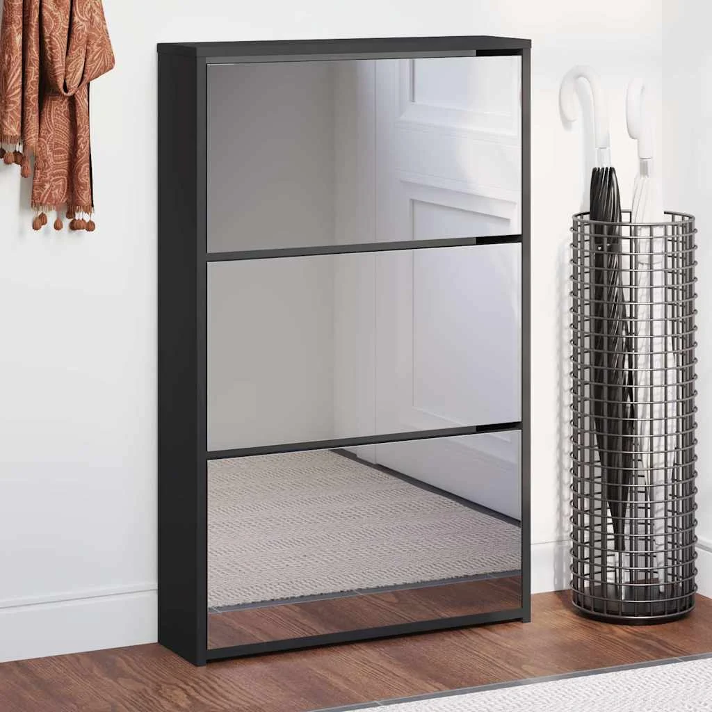 vidaXL Shoe Cabinet with Mirror 3-Layer Black 63x17x102.5 cm