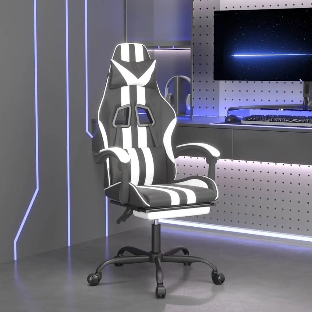 vidaXL Swivel Gaming Chair with Footrest Black&White Faux Leather