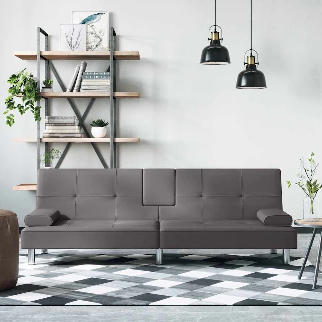 vidaXL Sofa Bed with Cup Holders Grey Faux Leather