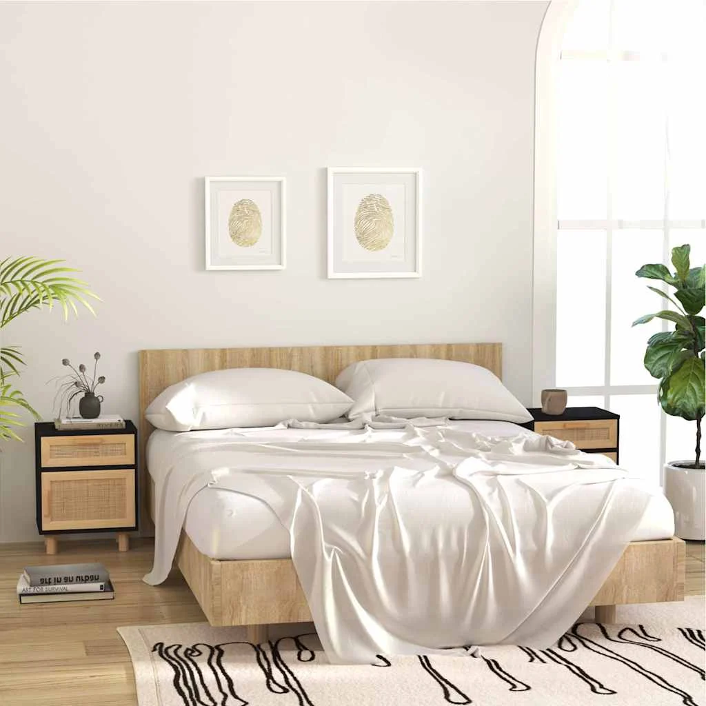 vidaXL Bedside Cabinets 2 pcs Black Solid Wood Pine and Natural Rattan