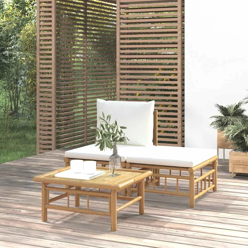 vidaXL 3 Piece Garden Lounge Set with Cream White Cushions Bamboo – Table 65 x 55 x 30 cm