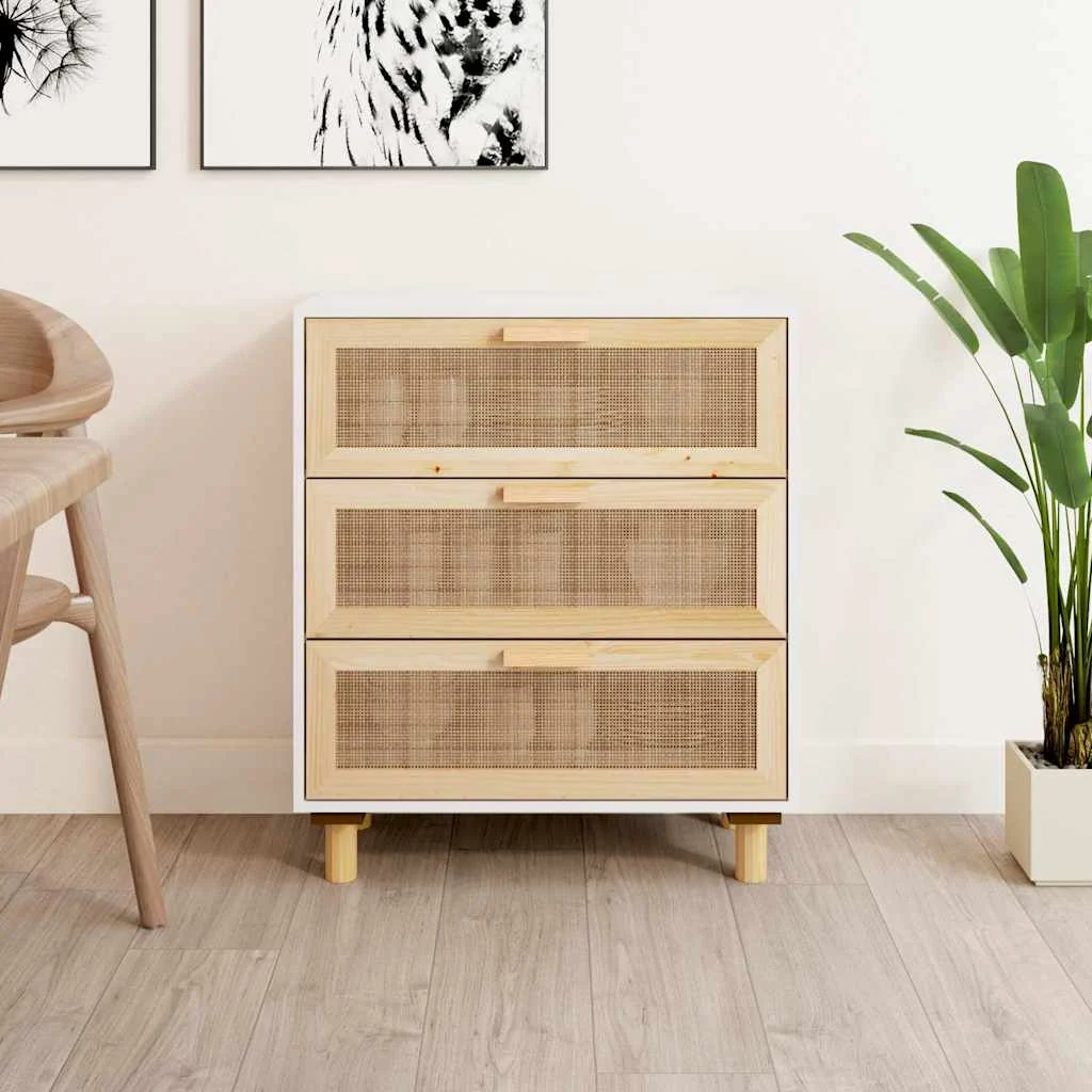 vidaXL Sideboard White 60x30x70 cm Solid Wood Pine and Natural Rattan