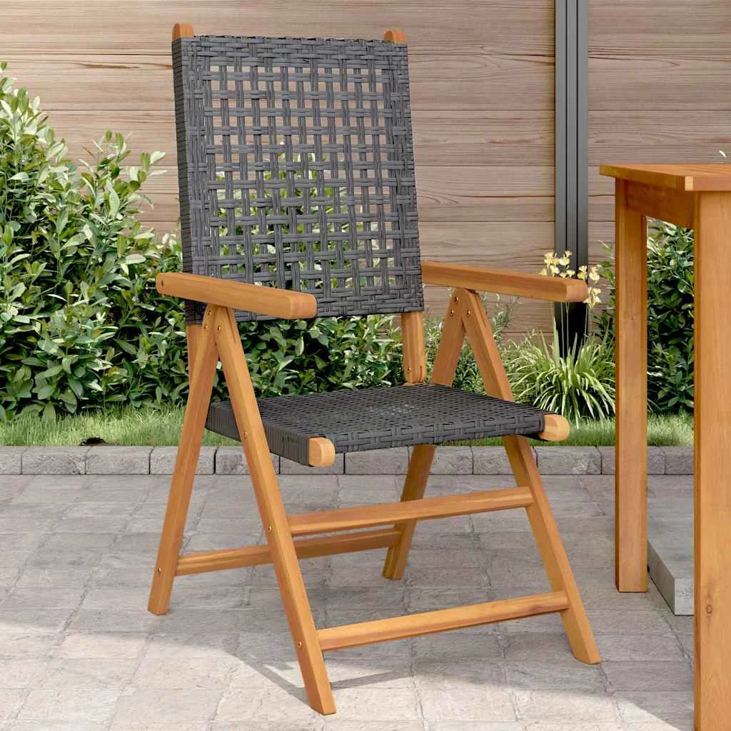 vidaXL Folding Chairs 2 pcs Black Solid Wood Acacia and Poly Rattan – 57 x 70 x 109 cm