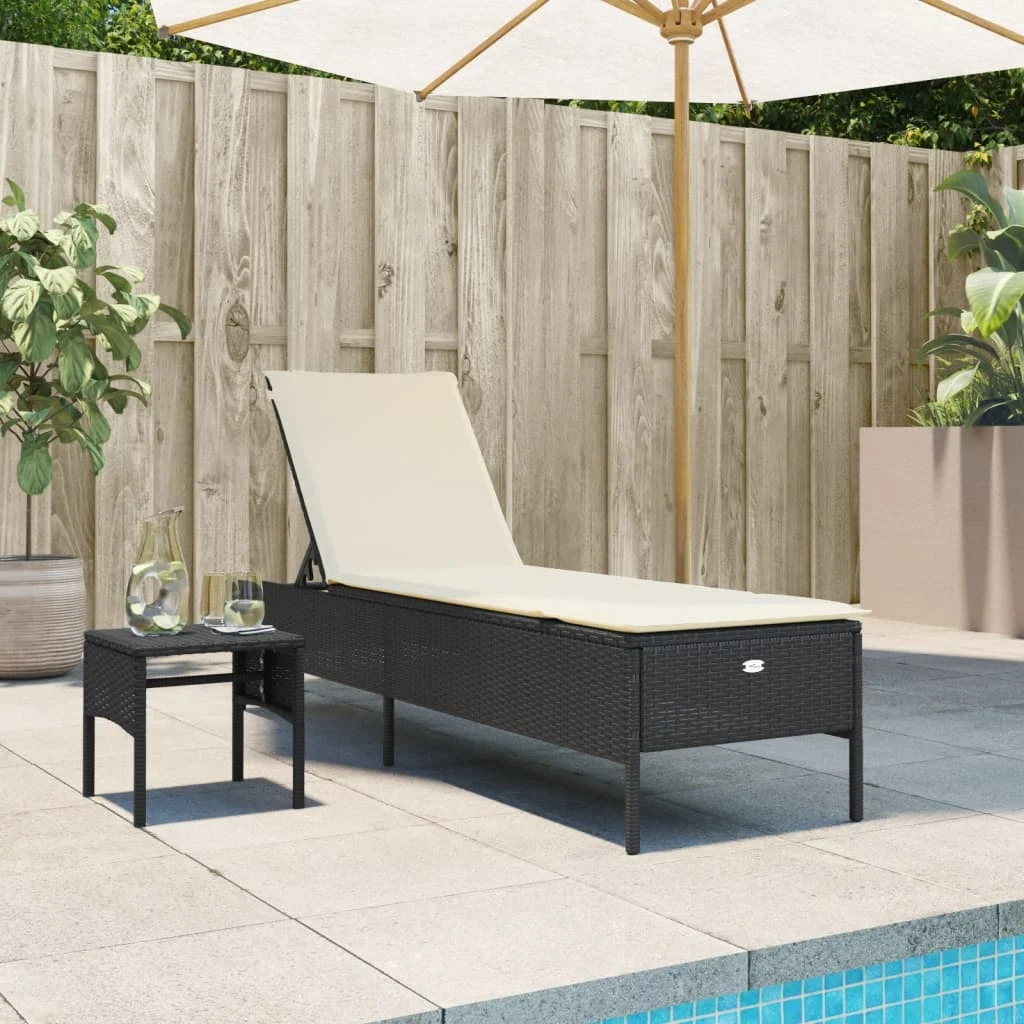vidaXL Sun Lounger with Table and Cushion Black Poly Rattan