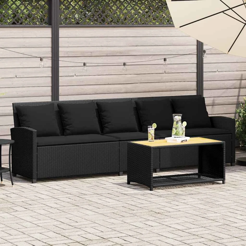 vidaXL Garden Sofa 5-Seater with Cushions Black Poly Rattan